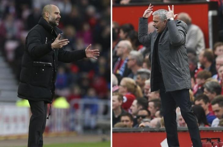 Pelatih Manchester City, Pep Guardiola akan bersua pelatih Manchester United, Jose Mourinho dalam laga derby di lanjutan Liga Primer Inggris, Minggu (11/11/2018) nanti malam. [SCOTT HEPPELL, OLI SCARFF / AFP]