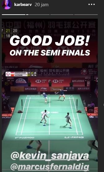 anak salah satu orang kaya di Solo dan Jawa Tengah, Karen Vandela beri pujian untuk ganda putra Indonesia Marcus/Kevin yang berhasil melaju ke babak final Fuzhou China Open. [@karbearv/Instagram]