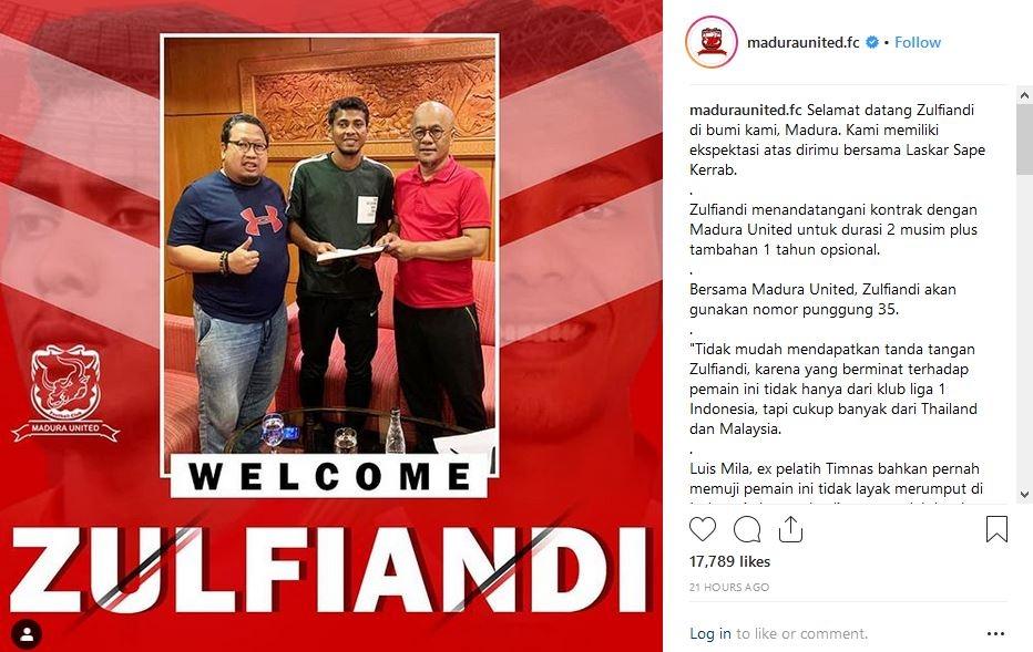 Zulfiandi resmi bergabung dengan Madura United jelang Liga 1 2019 (instagram.com/maduraunited.fc)
