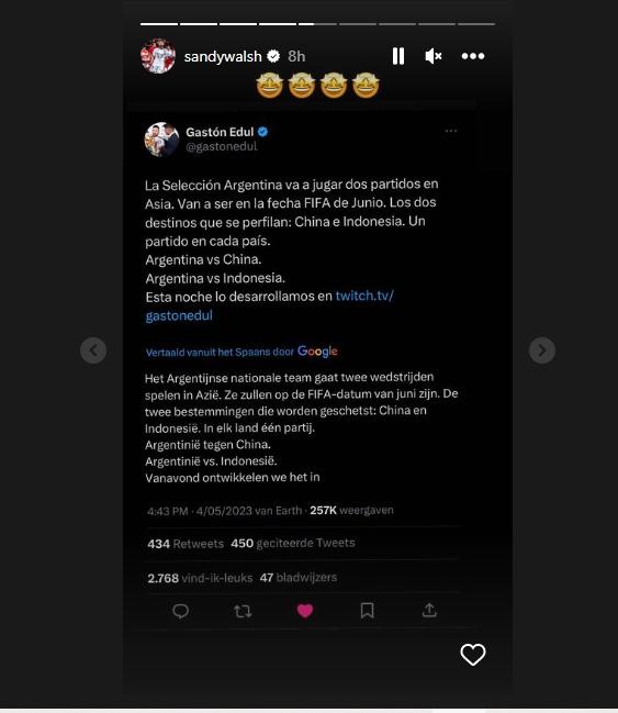Sandy Walsh girang timnas Indonesia dikabarkan lawan Argentina. (Instagram/sandywalsh)