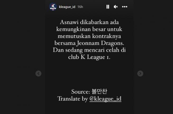 Asnawi Mangkualam dikabarkan akan putus kontrak dengan Jeonnam Dragons (Instagram/kleague_id)